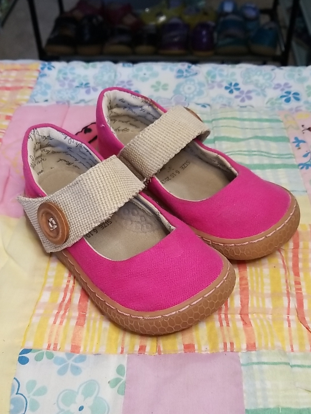 Livie & Luca Hot Pink Canvas Mary Janes with Beige Strap & Wood Button 6 Carta